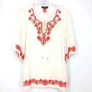Umgee White Orange & Tan Embroidered Peasant Bohemian 3/4 Sleeve Blouse Size L